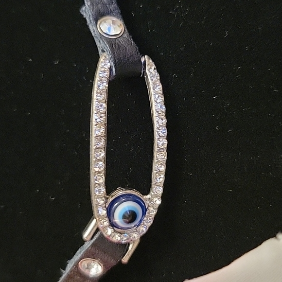 Leather Stripe Necklace/Collar White Chrystal Stud Hook Evil Eye Protection Bead - Picture 3 of 11